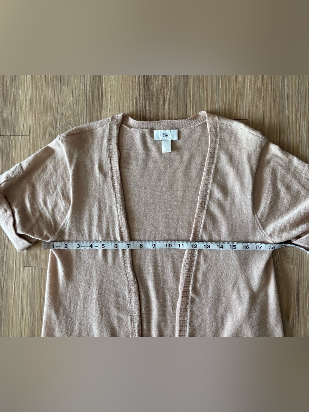 VTG LOFT Cardigan Sweater Tan Wool Open Short Sleeve Pockets Womens S Preppy Y2K - Picture 7 of 9